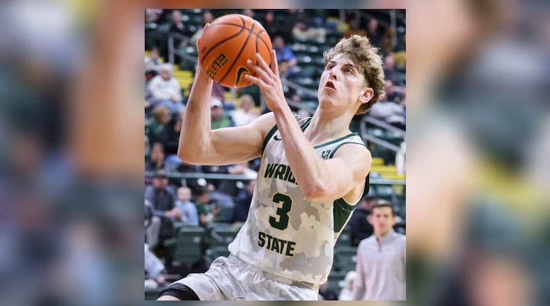 Wright State sophomore guard Dominic Pangonis shoots during a Horizon League game against Youngstown State on Thursday, Jan. 15 at Ervin J. Nutter Center in Fairborn. BRYANT BILLING/STAFF