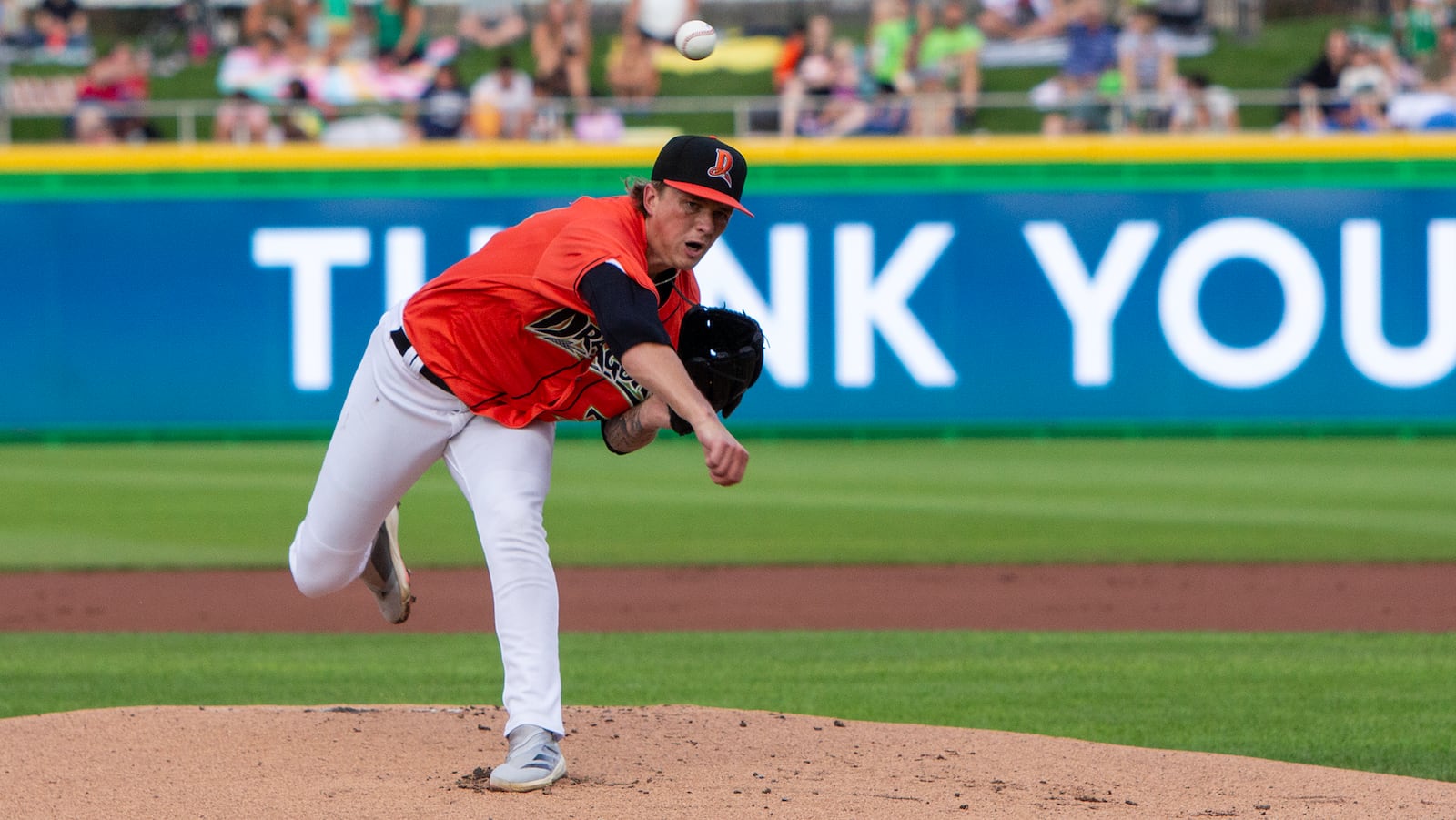 Dragons starter Luke Hayden threw five innings, allowed two hits and three walks, struck out three and left the game trailing 1-0 Friday night at Day Air Ballpark. Jeff Gilbert/CONTRIBUTED