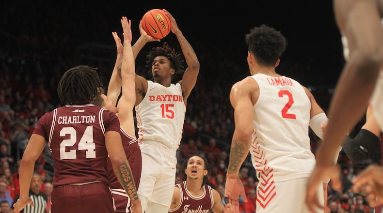 Dayton's DaRon Holmes II shoots against Fordham on Tuesday, Jan. 25, 2022, at UD Arena. David Jablonski/Staff
