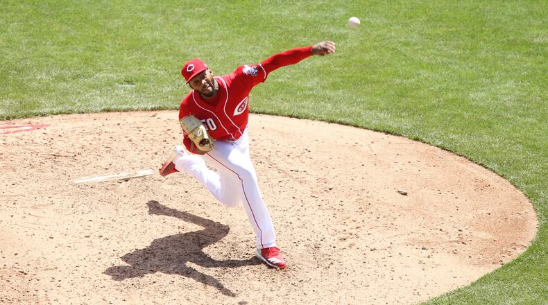 Reds reliever Amir Garrett pitches against the Braves on April 26, 2018, at Great American Ball Park in Cincinnati.