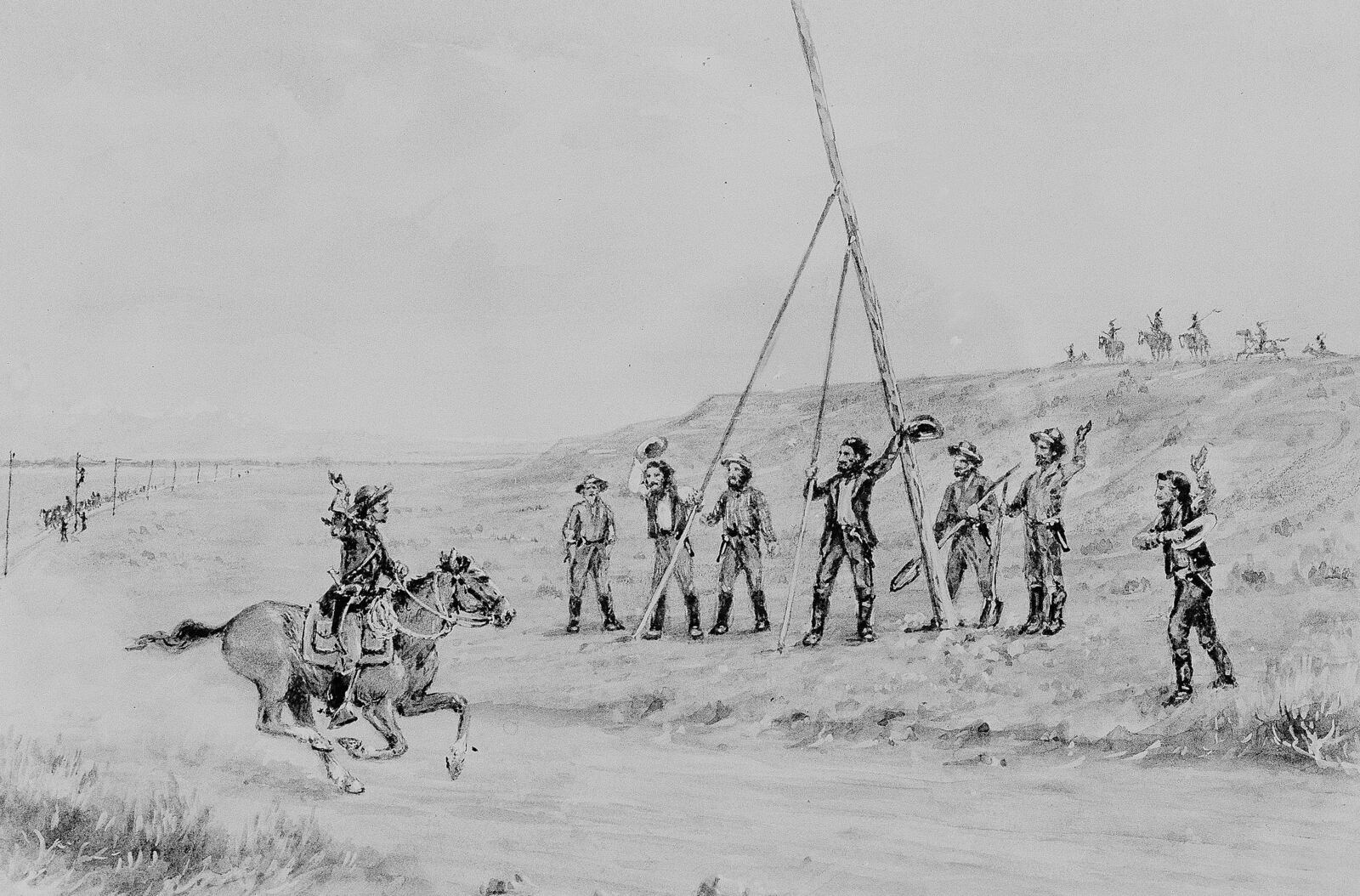 FILE - This illustration depicts a Pony Express rider, left, greeting Western Union linemen as they string wires of the first transcontinental telegraph in 1861. (AP Photo/File)