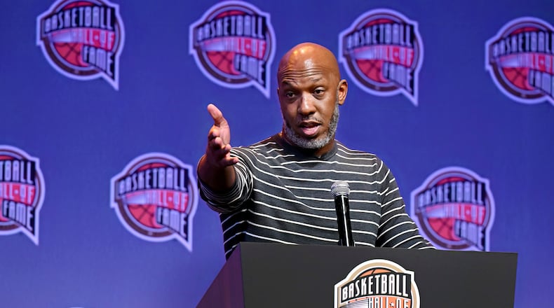 FILE - Basketball Hall of Fame Class of 2024 inductee Chauncey Billups speaks at a hall of fame news conference at Mohegan Sun, Oct. 12, 2024, in Uncasville, Conn. (AP Photo/Jessica Hill, file)