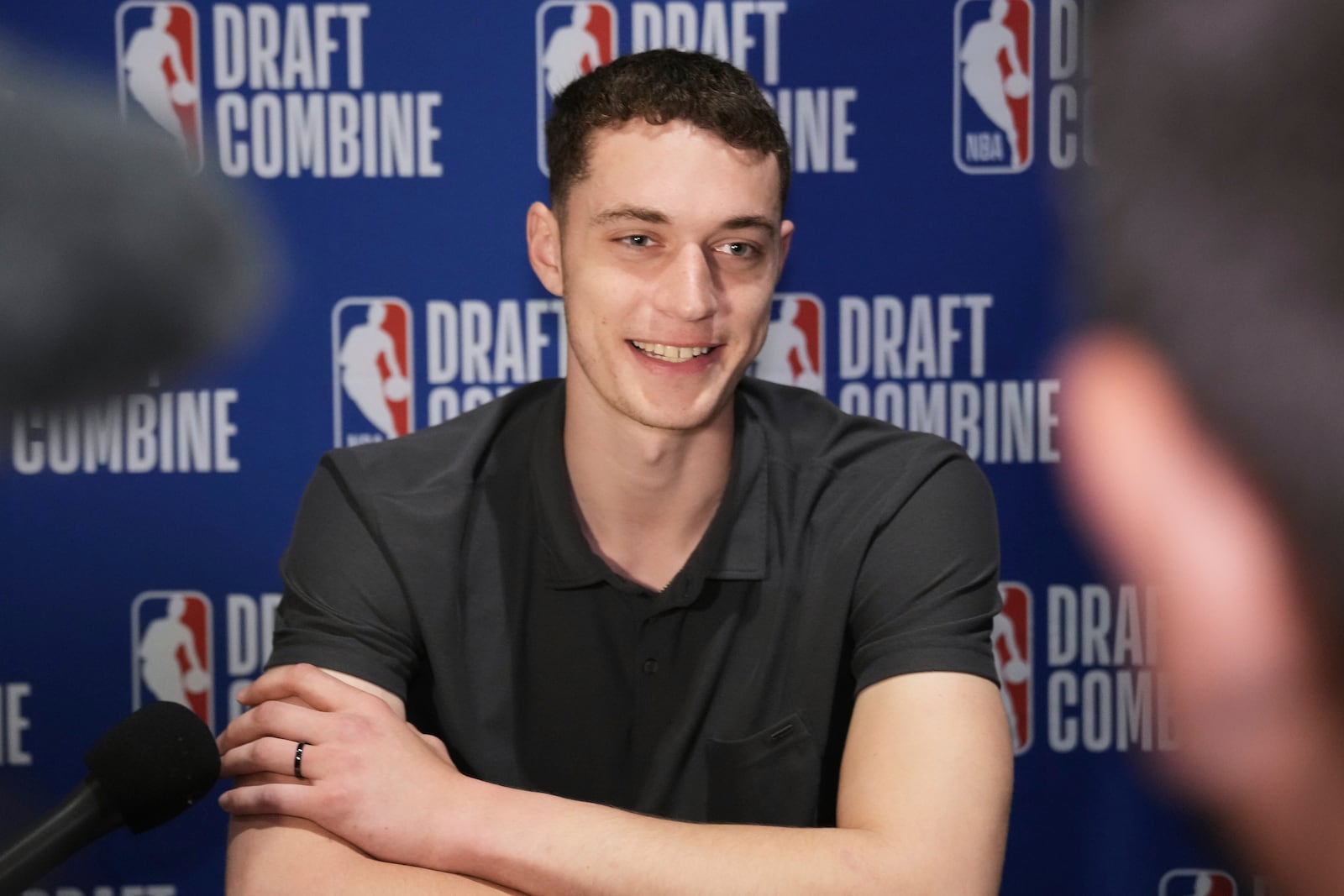 FILE - Ryan Kalkbrenner talks to media at the 2025 NBA basketball Draft Combine in Chicago, on May 14, 2025. (AP Photo/Nam Y. Huh, File)