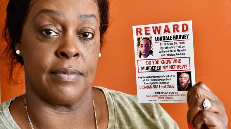 Sjuwana Springfield, aunt of Londale Harvey, 18, who as fatally shot in January, is having a justice rally Saturday at the Pleasant and Fairview Avenues were Harvey was slain. NICK GRAHAM/STAFF