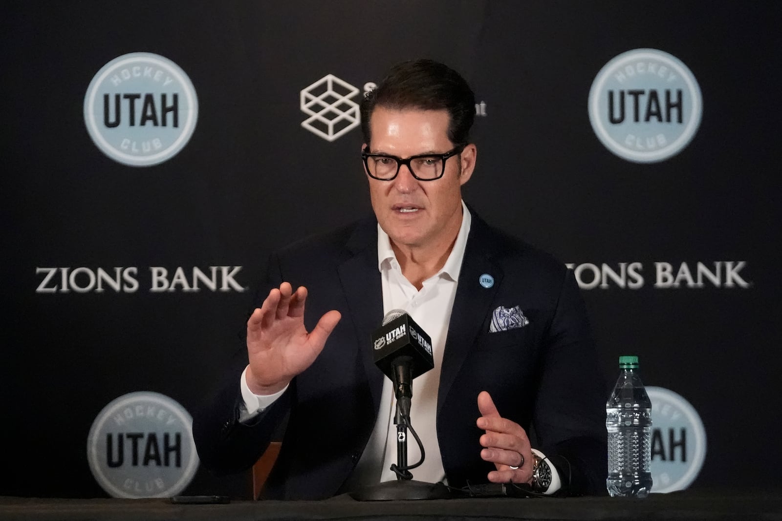 FILE - Utah Hockey Club general manager Bill Armstrong speaks during media day, Sept. 18, 2024, in Salt Lake City. (AP Photo/Rick Bowmer, File)