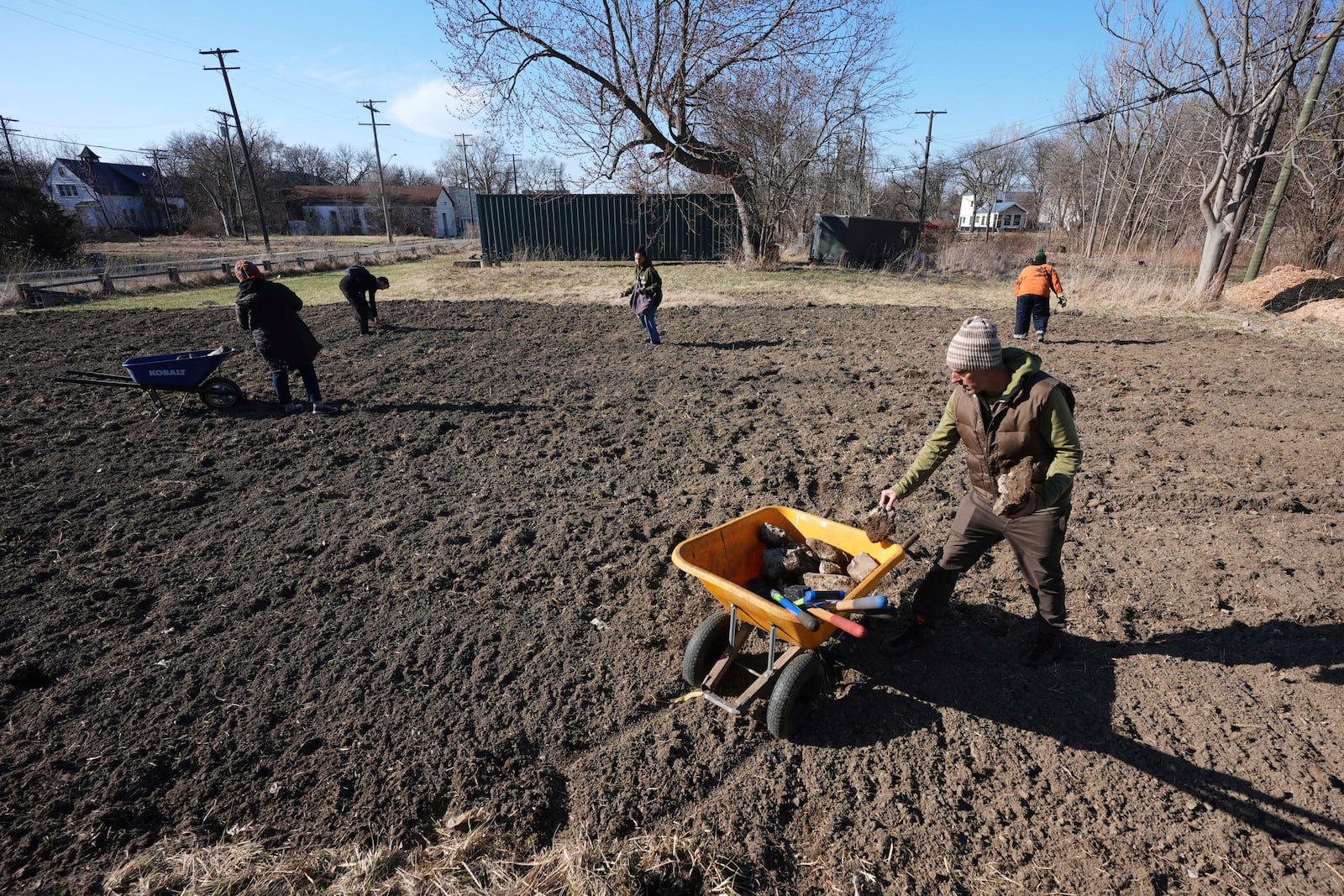 Andrew "Birch" Kemp helps clear debris from a Arboretum Detroit planting site in Detroit, Friday, March 21, 2025. (AP Photo/Paul Sancya)