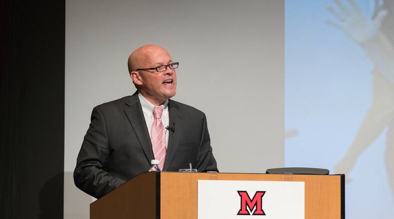 Miami University’s 22nd President, Gregory Crawford, delivered the annual address Thursday on the school’s main Oxford campus. Crawford told an audience in the Armstrong Student Center that despite the school’s national acclaim, the future can not depend on the status quo in the school’s many heralded academic programs. Crawford is pictured here at a previous speech on campus.