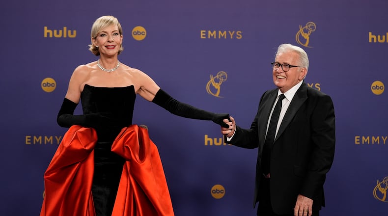 Allison Janney, left, and Martin Sheen pose in the press room during the 76th Primetime Emmy Awards on Sunday, Sept. 15, 2024, at the Peacock Theater in Los Angeles. (AP Photo/Jae C. Hong)