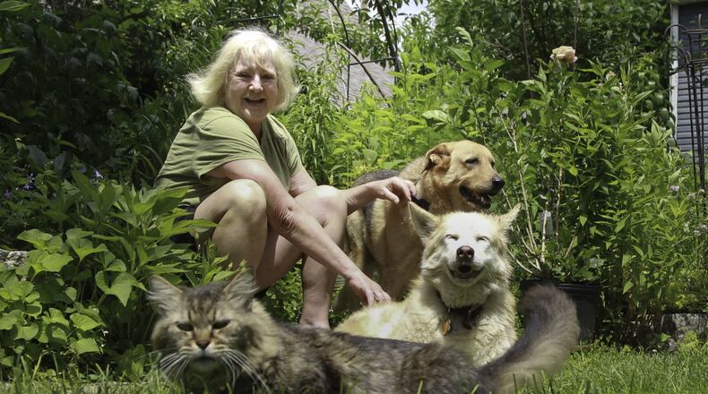Kris Rankin of Dayton takes care of two dogs, four cats and fish in an outside pond. She’s pictured here with Stella (top) and Dinah, her shepherd mix dogs, and one of the cats, Simon. CHRIS STEWART / STAFF