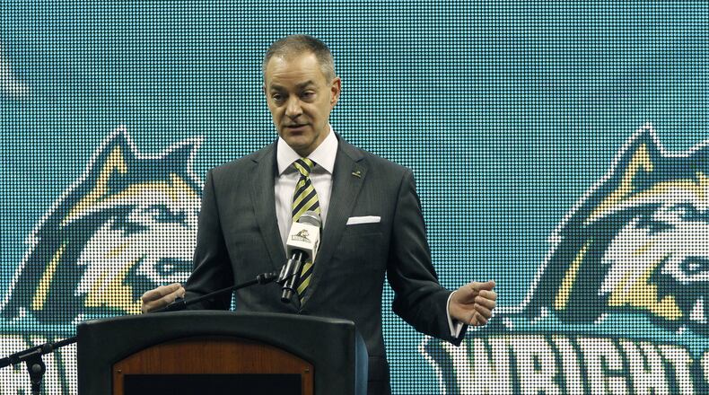 Scott Nagy, the new Wright State University head men’s basketball coach, was introduced Tuesday during a press conference. Nagy, formerly of South Dakota State, is the ninth head coach in the history of the Raiders men’s basketball program. LISA POWELL / STAFF
