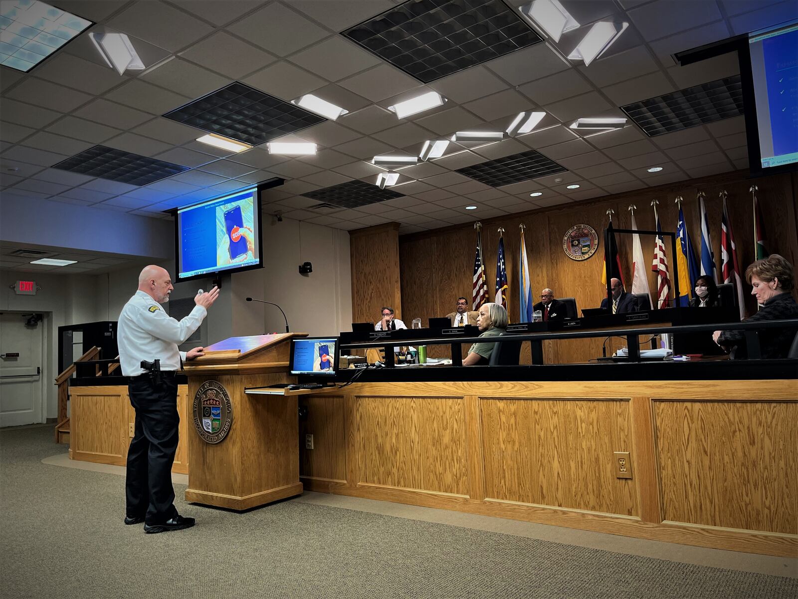 Dayton police Major Paul Saunders speaks before the Dayton City Commission during a public hearing about Fusus technology on Wednesday, Feb. 15, 2023. CORNELIUS FROLIK / STAFF