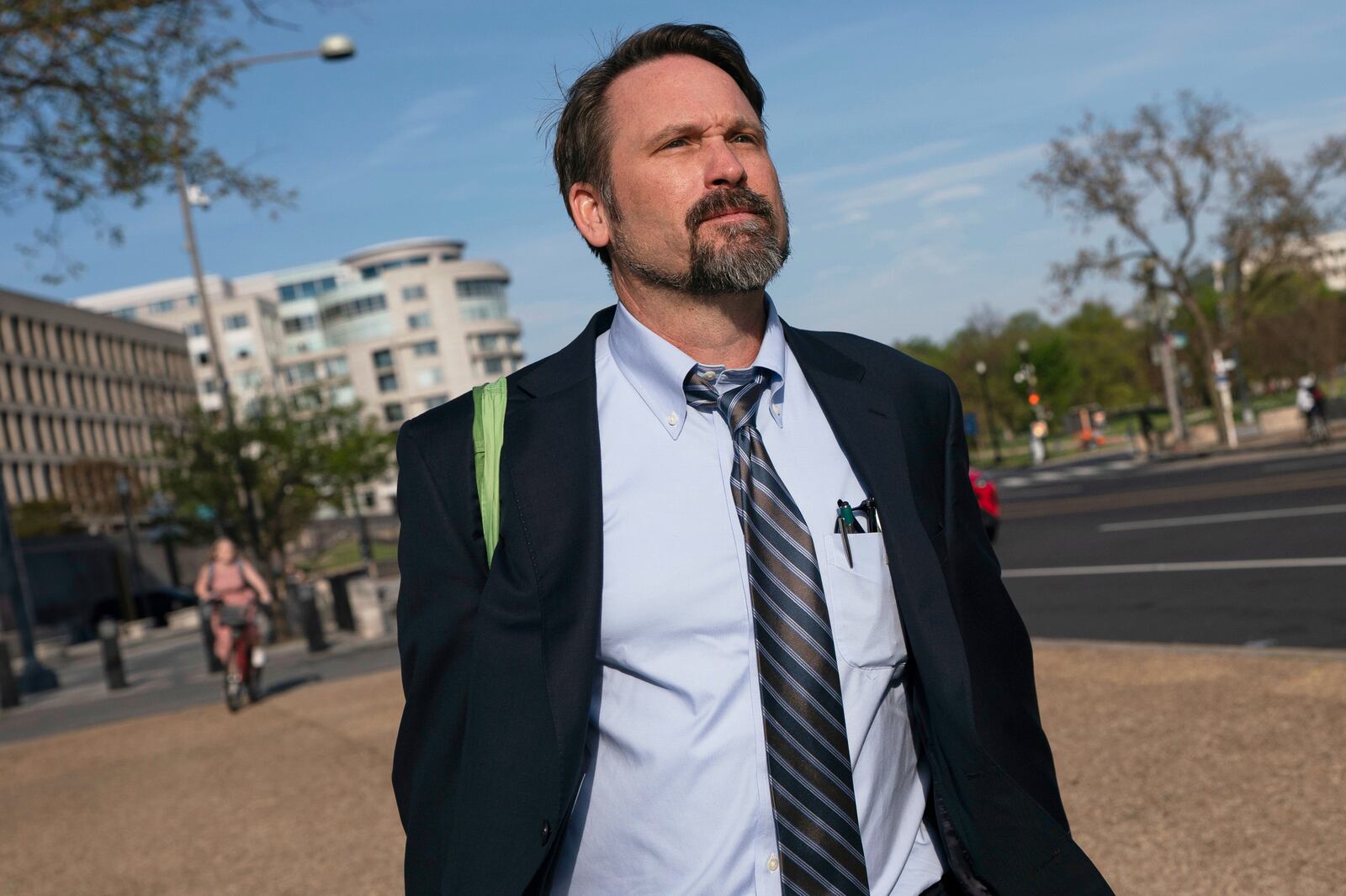 Daniel Matheson, a lawyer for the Federal Trade Commission, departs following the first day of a historic antitrust trial about Meta CEO Mark Zuckerberg's intentions in acquiring Instagram, at Barrett Prettyman United States Court House in Washington, Monday, April 14, 2025. (AP Photo/Nathan Howard)
