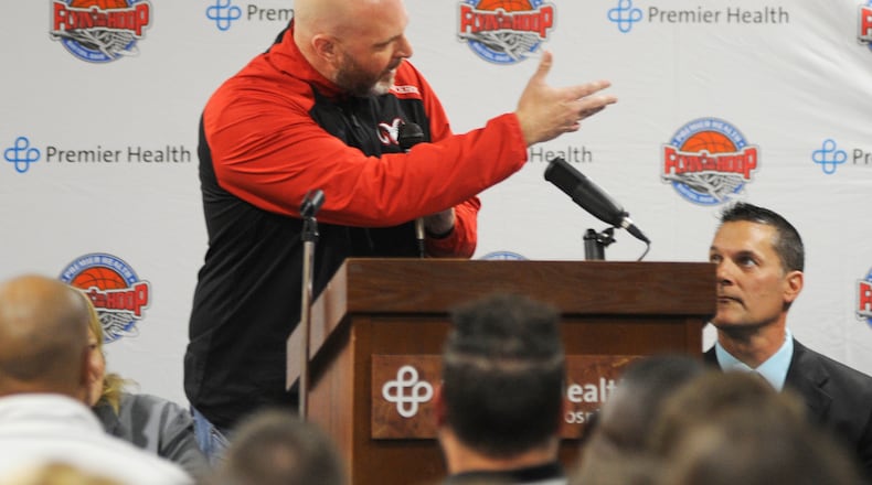 Trotwood-Madison boys basketball coach Rocky Rockhold makes a point during the announcement of the 17th annual Premier Health Flyin’ to the Hoop schedule at Miami Valley Hospital North on Tuesday, Oct. 16, 2018. MARC PENDLETON / STAFF