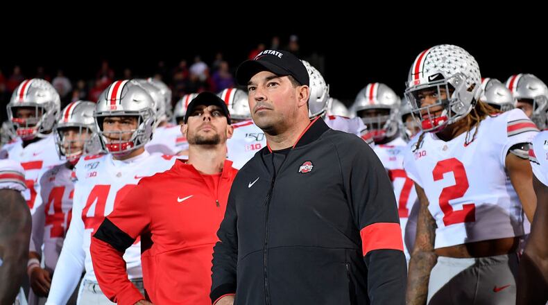 EVANSTON, ILLINOIS - OCTOBER 18: Head coach Ryan Day of the Ohio State Buckeyes and his players prepare to take the field before the game against the Northwestern Wildcats at Ryan Field on October 18, 2019 in Evanston, Illinois. (Photo by Quinn Harris/Getty Images)