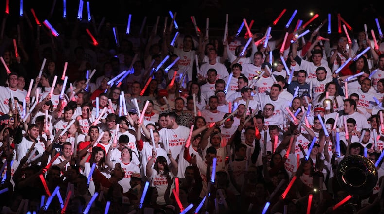 Dayton Flyers fans cheer during pregame introductions before a game against Virginia Commonwealth on March 1, 2017, at UD Arena.