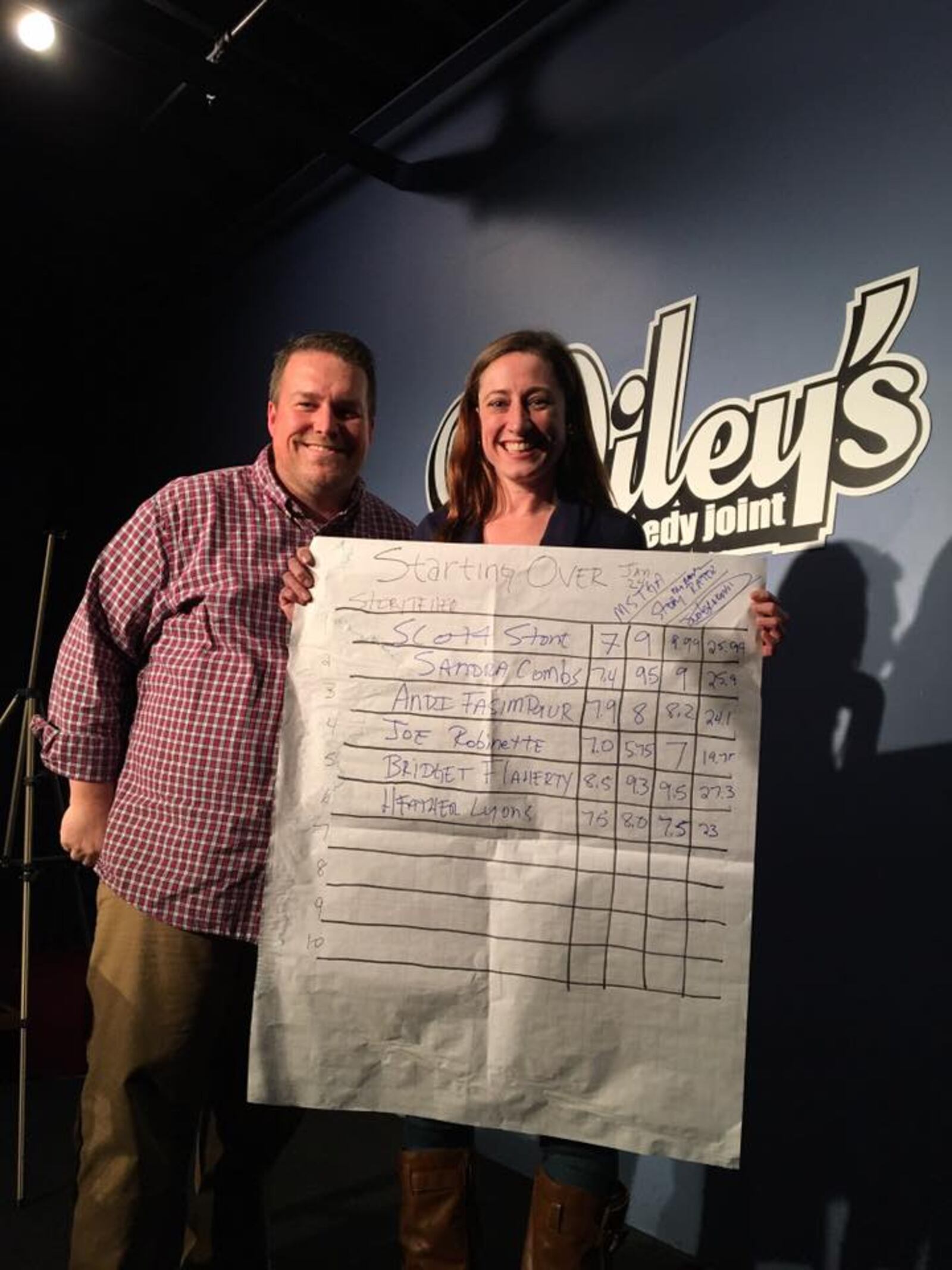 Bryan Suddith on stage with Bridget Flaherty and the scores for a past Story Slam. CONTRIBUTED