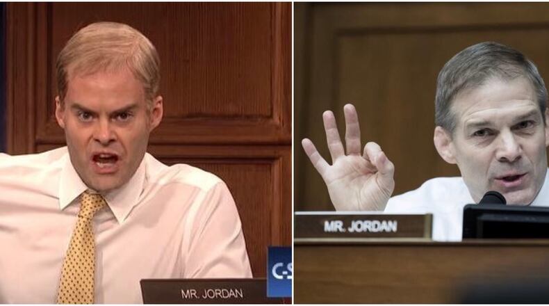 Left, Rep. Jim Jordan (R-Ohio), the ranking member, questions Michael Cohen, on Capitol Hill, in Washington, Feb. 27, 2019. (Sarah Silbiger/The New York Times). Right, screen grab of comedian Bill Hader playing Jordan in Saturday Night Live's opening Saturday, March 2.