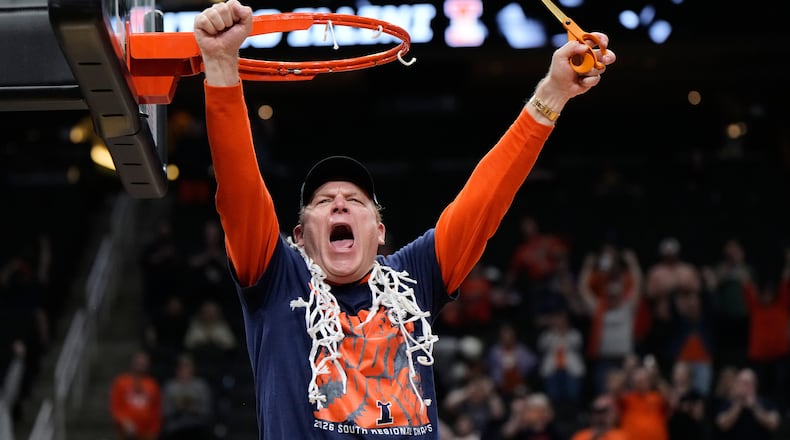 Illinois coach Brad Underwood celebrates after Illinois beat Iowa in an Elite Eight game in the NCAA college basketball tournament Saturday, March 28, 2026, in Houston. (AP Photo/Ashley Landis)