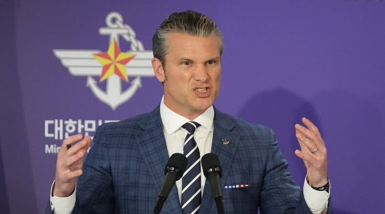 U.S. Defense Secretary Pete Hegseth speaks during a joint press conference with South Korean Defense Minister Ahn Gyu-back, following the 57th Security Consultative Meeting at the Defense Ministry in Seoul, South Korea, Tuesday, Nov. 4, 2025. (AP Photo/Lee Jin-man, Pool)