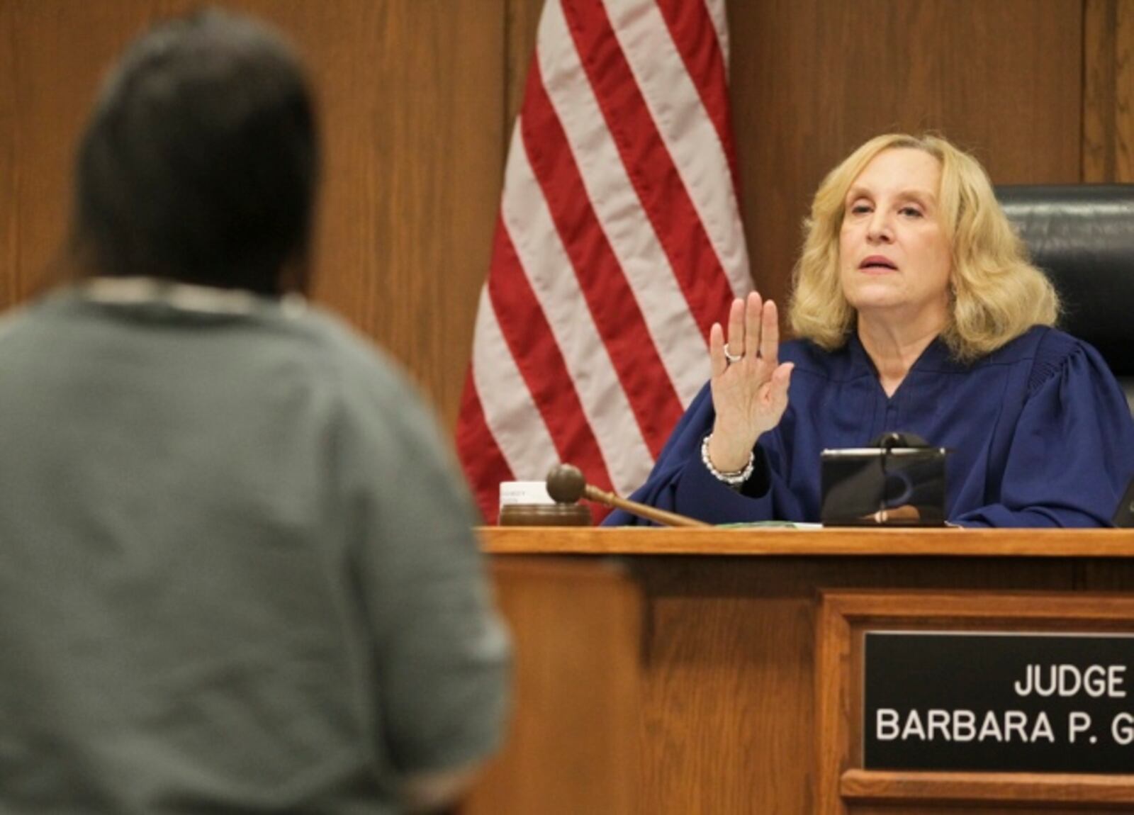 Eva Christian stands before Montgomery County Common Pleas Judge Barbara P. Gorman at her original sentencing hearing in 2012. Staff file photo by Jim Witmer