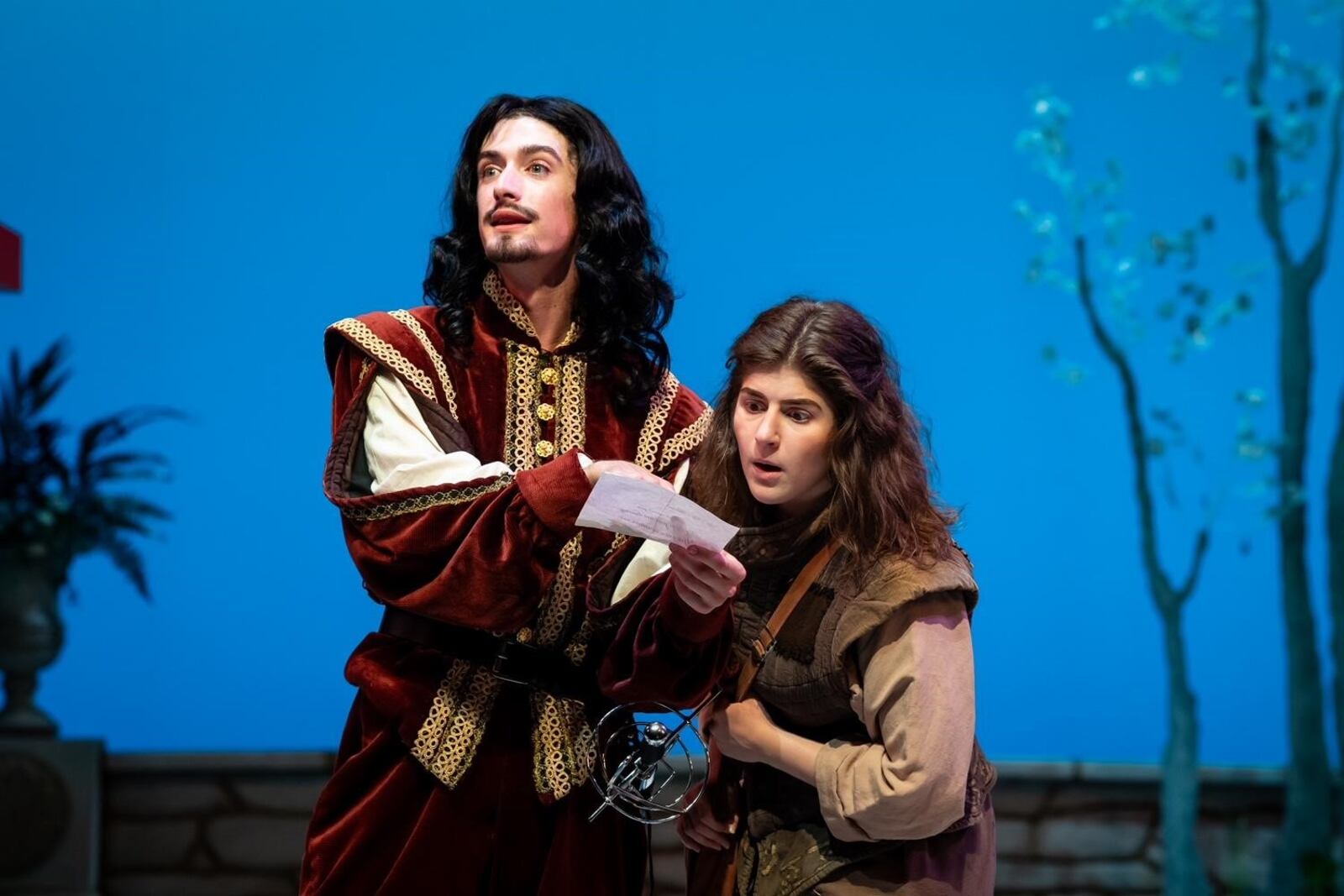 Aidan Fracker (left as Dorante) and Taylor Greny (Cliton) in Wright State University's production of "The Liar." PHOTO BY ERIN PENCE