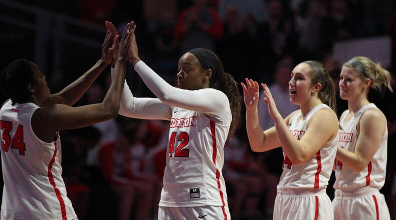 Dayton players are introduced before a game against Duquesne on Wednesday, Jan. 31, 2018, at UD Arena. David Jablonski/Staff