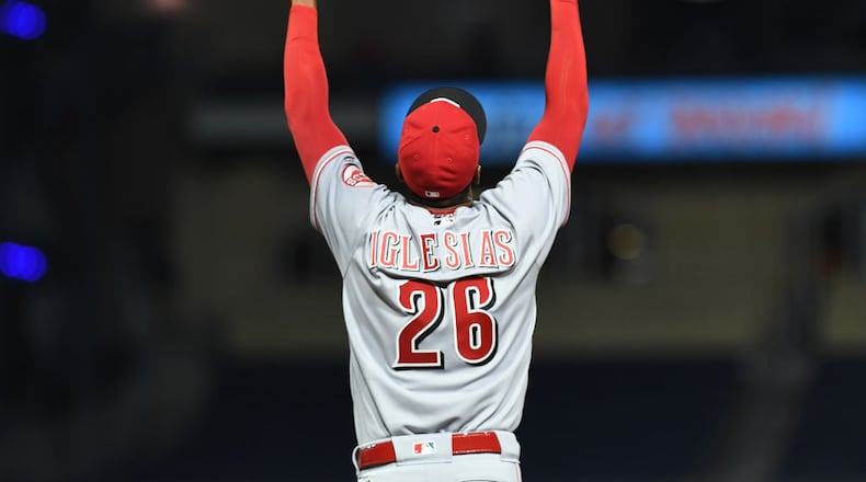PITTSBURGH, PA - APRIL 11:  Raisel Iglesias #26 of the Cincinnati Reds reacts after the final out in the Cincinnati Reds 6-2 win over the Pittsburgh Pirates at PNC Park on April 11, 2017 in Pittsburgh, Pennsylvania. (Photo by Justin Berl/Getty Images)