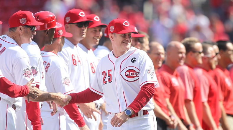 Reds manager David Bell is introduced before a game against the Pirates on Opening Day on Thursday, March 28, 2019, at Great American Ball Park in Cincinnati. David Jablonski/Staff