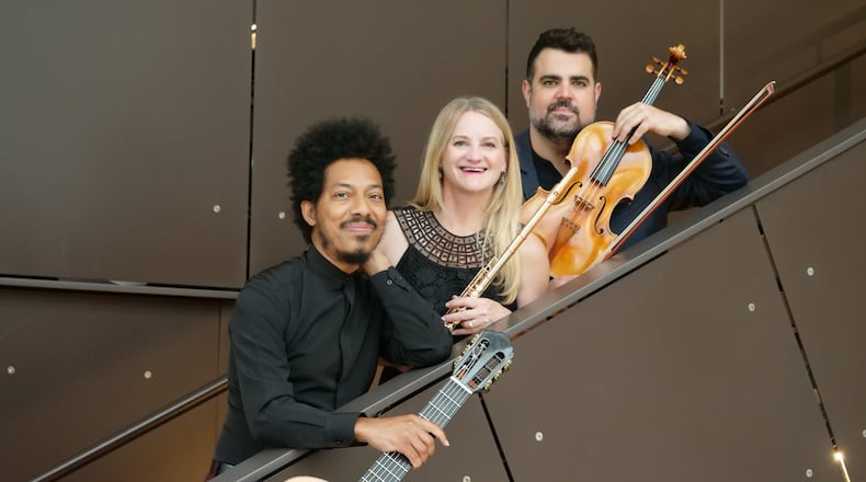 University of Dayton’s ArtsLIVE presents international chamber music ensemble Trio Virado, (left to right) João Luiz, Amy Porter and Jaime Amador, in a Vanguard Legacy Concert in UD’s Sears Recital Hall in the Jesse Philips Humanities Center on Sunday, Oct. 9.