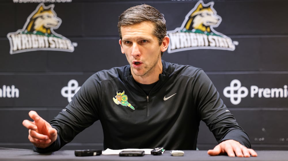 Wright State coach Clint Sargent talks to reporters after an 86-37 win over Franklin College on Monday, Nov. 3 at Ervin J. Nutter Center in Fairborn. BRYANT BILLING/STAFF