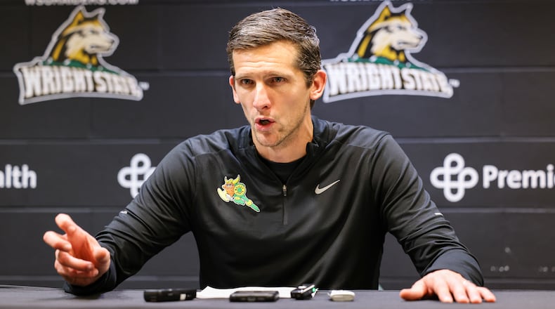 Wright State coach Clint Sargent talks to reporters after an 86-37 win over Franklin College on Monday, Nov. 3 at Ervin J. Nutter Center in Fairborn. BRYANT BILLING/STAFF