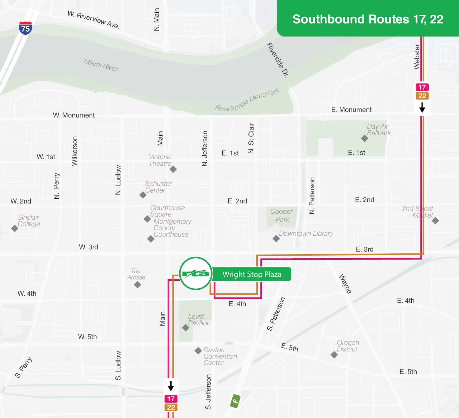 Southbound Routes 17 and 22 - From Webster Street they will turn right onto Third Street, left onto St. Clair Street, right onto Fourth Street, right onto Jefferson Street and enter Wright Stop Plaza. When exiting, they will turn left onto Main Street back to the designated routes. (CONTRIBUTED: RTA)