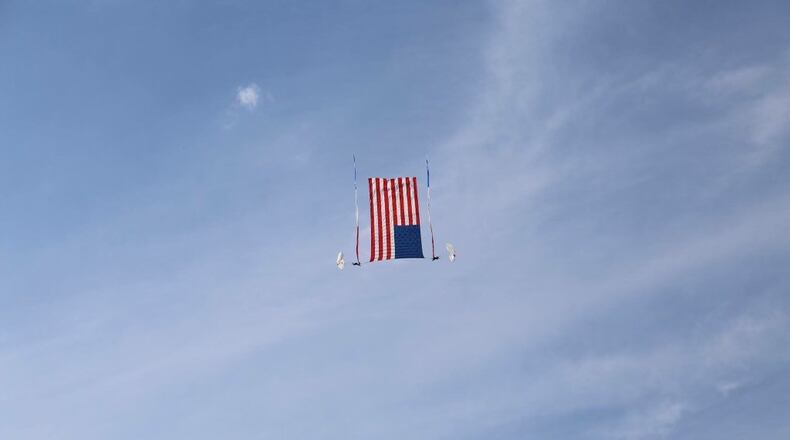 Middletown Mayor Nicole Condrey and John Hart, owner of Team Fastrax, a professional skydiving team based in Middletown, were practicing a jump similar to this Wednesday night at Hook Field when there was an equipment malfunction. They both landed hard and suffered minor injuries. SUBMITTED PHOTO