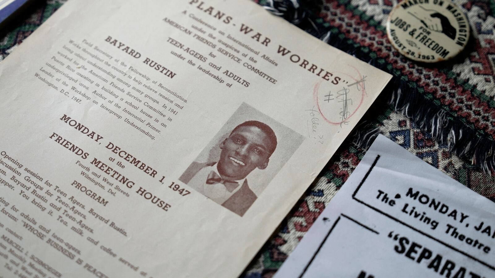 In this still image taken from video, mementos belonging to civil rights leader Bayard Rustin are pictured at his partner Walter Naegle's home, on Saturday, June 28, 2025, in New York. (AP Photo/Mary Conlon)