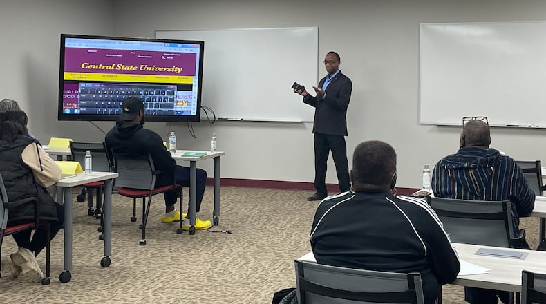 Stephen Washington, Central State University’s director of community engagement and business partnerships, talks to students in the new community health worker certificate program on Tuesday, March 21, 2023. The program was created through a grant of $200,000 from CareSource. SAMANTHA WILDOW\STAFF