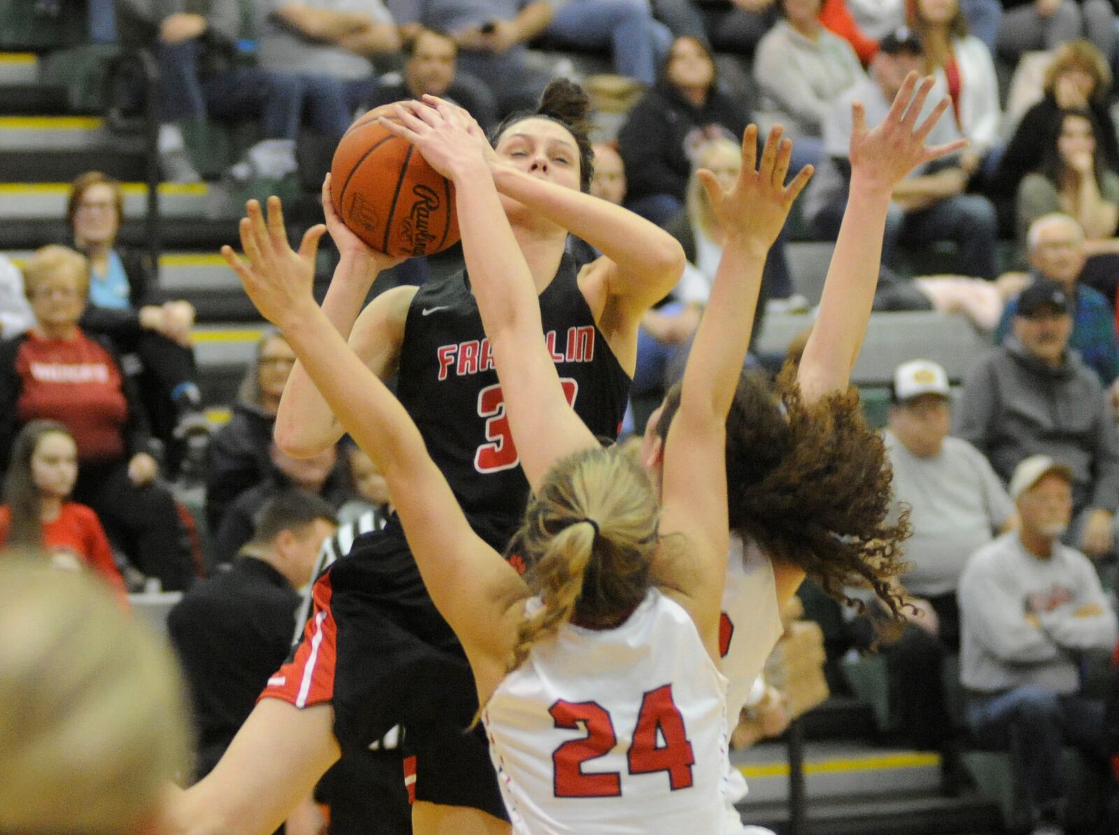 Layne Ferrell (shooting) had 31 points, including 21 in the fourth quarter. Franklin defeated Tippecanoe 49-39 in a girls high school basketball D-II district final at Mason on Friday, March 1, 2019. MARC PENDLETON / STAFF