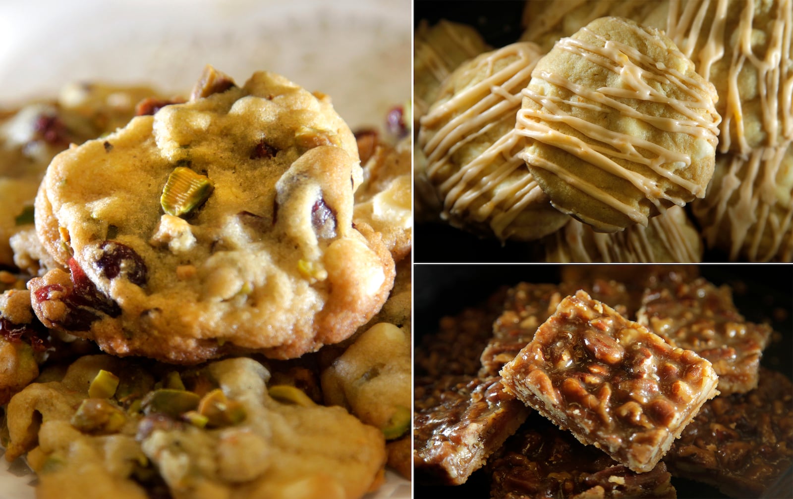 The first place winner of the 2019 Dayton Daily New Cookie Contest is Geni Thurin of Dayton with her White Chocolate Cranberry Pistachio Cookies (left). Beth Harper of Oakwood won second place (top, right) with her Creamsicle Cookies and third place (bottom, right) with Pecan Bars. LISA POWELL / STAFF