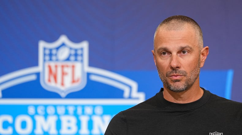 Las Vegas Raiders general manager John Spytek speaks during a press conference at the NFL football scouting combine in Indianapolis, Tuesday, Feb. 24, 2026. (AP Photo/Michael Conroy)