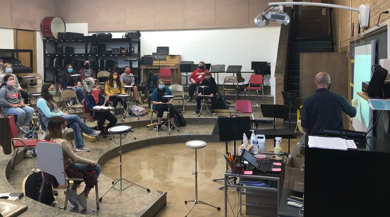 Students take music class in what was once a gym at the 99-year-old Franklin Junior High School. Franklin voters approved a ballot issue to build new schools.
