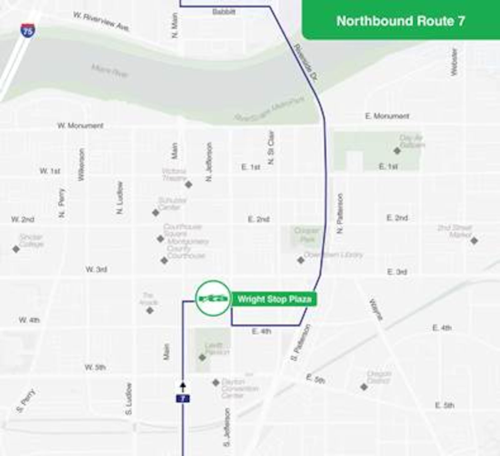 Northbound Route 7 - From South Main Street it will turn right into Wright Stop Plaza. When exiting, it will turn right onto Jefferson Street, left onto Fourth Street, left onto Patterson Boulevard, which turns into Riverside Drive, then left onto Babbit Street and right onto Main Street back to the designated route. (CONTRIBUTED: RTA)