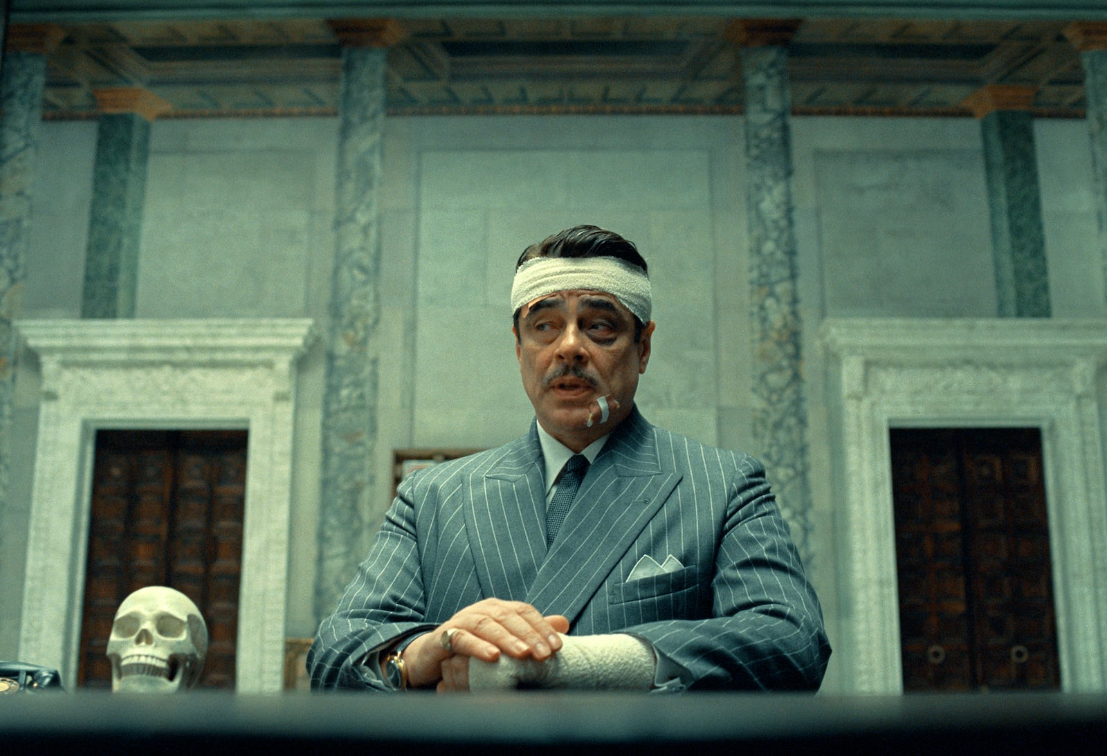 This image released by Focus Features shows Benicio Del Toro in a scene from "The Phoenician Scheme." (TPS Productions/Focus Features via AP)