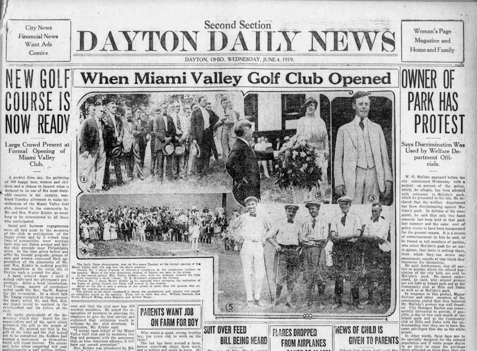 The dedication for the new Miami Valley Golf Club was front page news in the June 4, 1919 edition of the Dayton Daily News.
