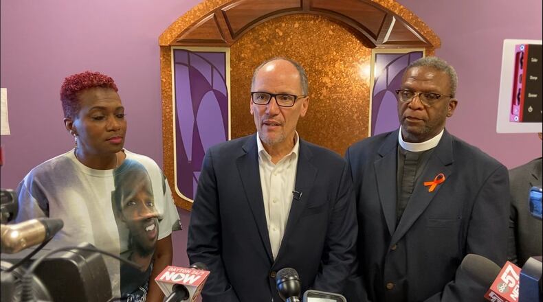 Chair of the Democratic National Committee Tom Perez visited Dayton to hold a roundtable discussion on gun violence and gun safety on Monday October 14, 2019. STAFF/BONNIE MEIBERS