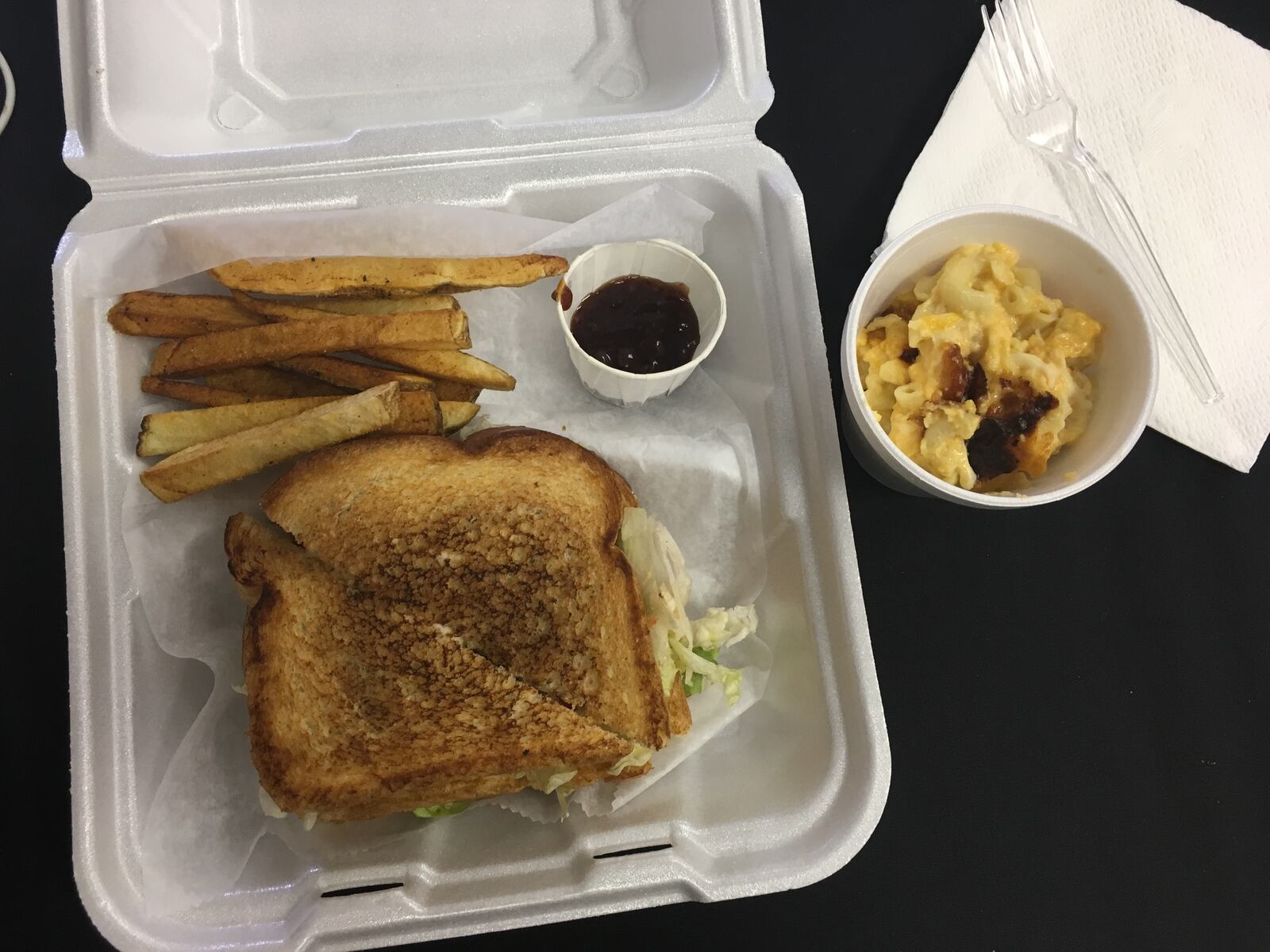 Turkey club, fries and Habanero sauce and mac n' cheese