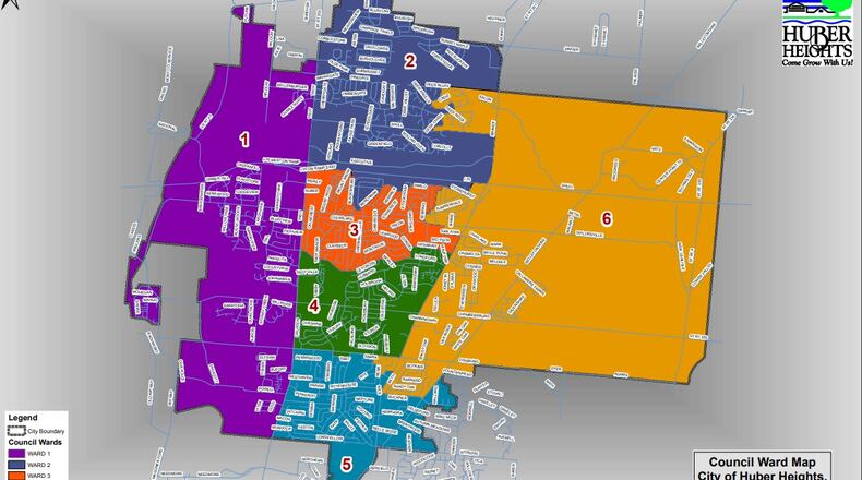 The current Huber Heights ward map. Courtesy of Huber Heights.