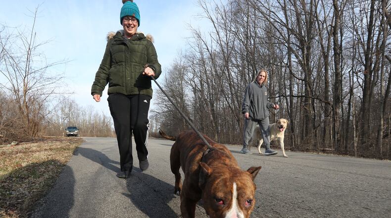 Hike with your puppy at the Howl at the Moon events with the Greene County Parks & Trails. BILL LACKEY/STAFF