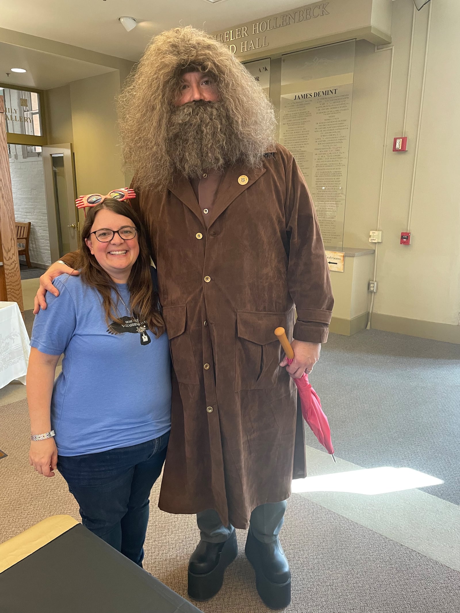 Natalie Fritz, left, with her husband, John Fritz, as Hagrid during a Wizarding Weekend event at The Heritage Center. CONTRIBUTED PHOTO