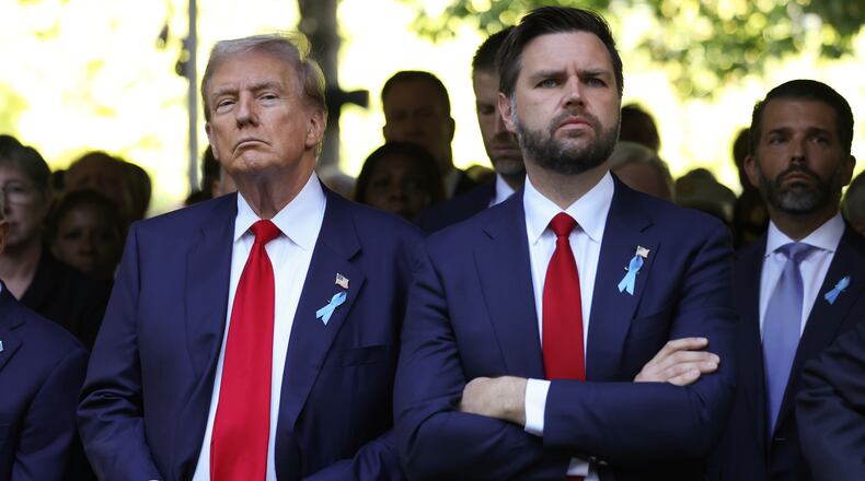 Republican presidential nominee former President Donald Trump and Republican vice presidential nominee Sen. JD Vance, R-Ohio at an event Wednesday, Sept. 11, 2024, in New York. (AP Photo/Yuki Iwamura, File)