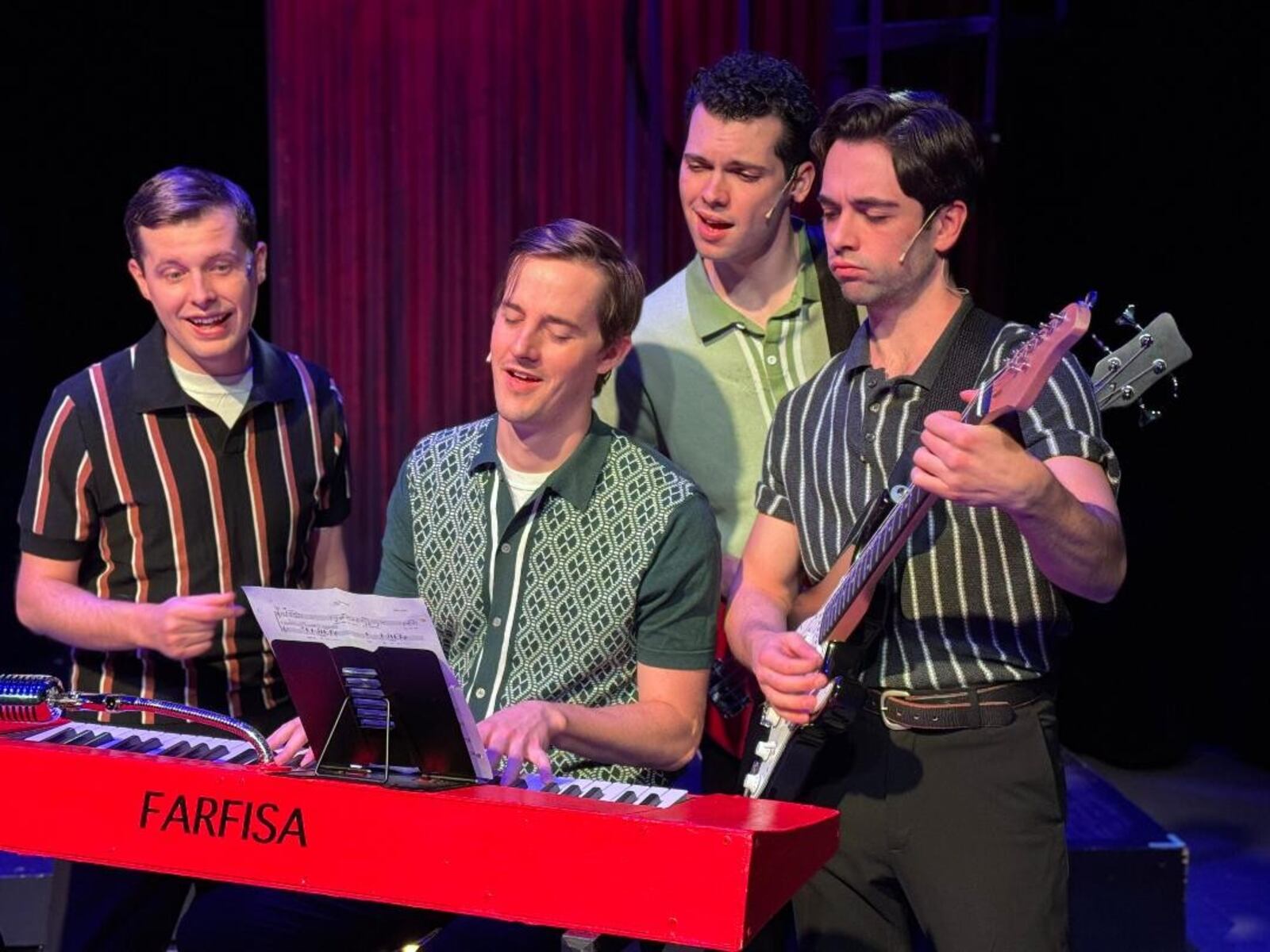 From left: Derrick Bertram (Frankie Valli), Jonathan Wilson (Bob Gaudio), Kyle Brace (Nick Massi) and Jordan Thomas Burnett (Tommy DeVito) in La Comedia Dinner Theatre's production of "Jersey Boys." Photo courtesy of Justin Walton