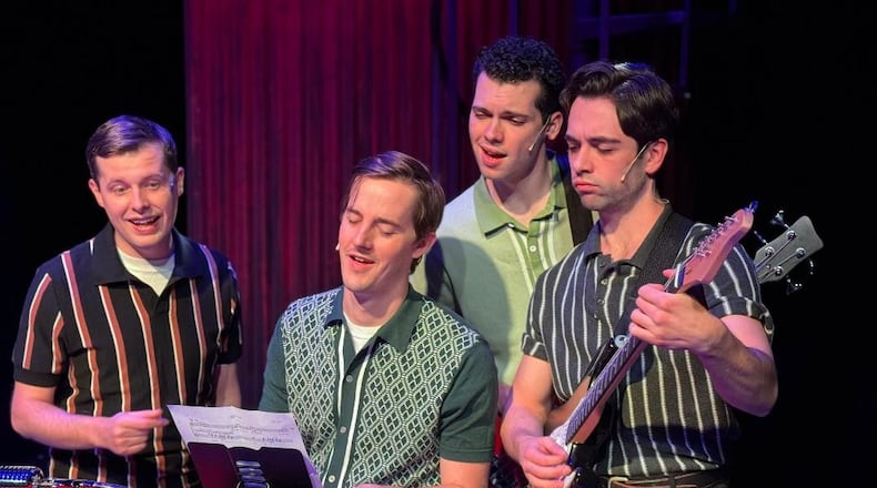 From left: Derrick Bertram (Frankie Valli), Jonathan Wilson (Bob Gaudio), Kyle Brace (Nick Massi) and Jordan Thomas Burnett (Tommy DeVito) in La Comedia Dinner Theatre's production of "Jersey Boys." Photo courtesy of Justin Walton